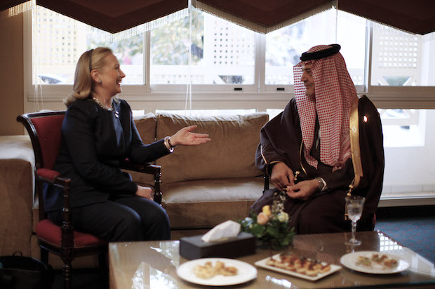 Secretary of State Hillary Clinton meeting with Saudi Foreign Minister Prince Saud al-Faisal at the Friends of Syria Conference in Tunis, Tunisia on February 24, 2012 (Reuters/Jason Reed)