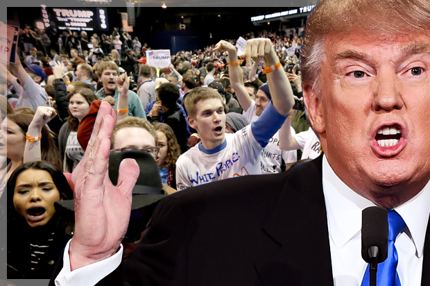 Donald Trump; protesters after a Donald Trump rally was canceled due to security concerns in Chicago. (Getty/Jewel Samad/AP/Charles Rex Arbogast/Photo montage by Salon)