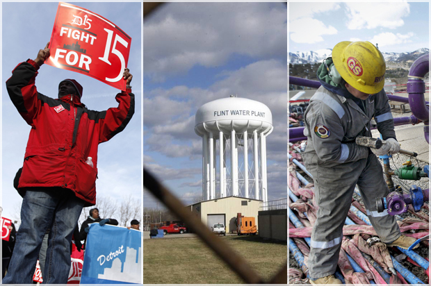 FILE - This March 21, 2016 file photo shows the Flint Water Plant water tower in Flint, Mich.  After months of national attention on lead-tainted drinking water in Flint, many are starting to ask questions about a 74-mile pipeline being built from Lake Huron to the struggling former auto manufacturing powerhouse. The $285 million project is rooted in political ambitions and long-simmering resentment toward Detroit, which for decades had near-total control of the city’s water rates. (AP Photo/Carlos Osorio File) (AP/Paul Sancya/Carlos Osorio/Brennan Linsley)