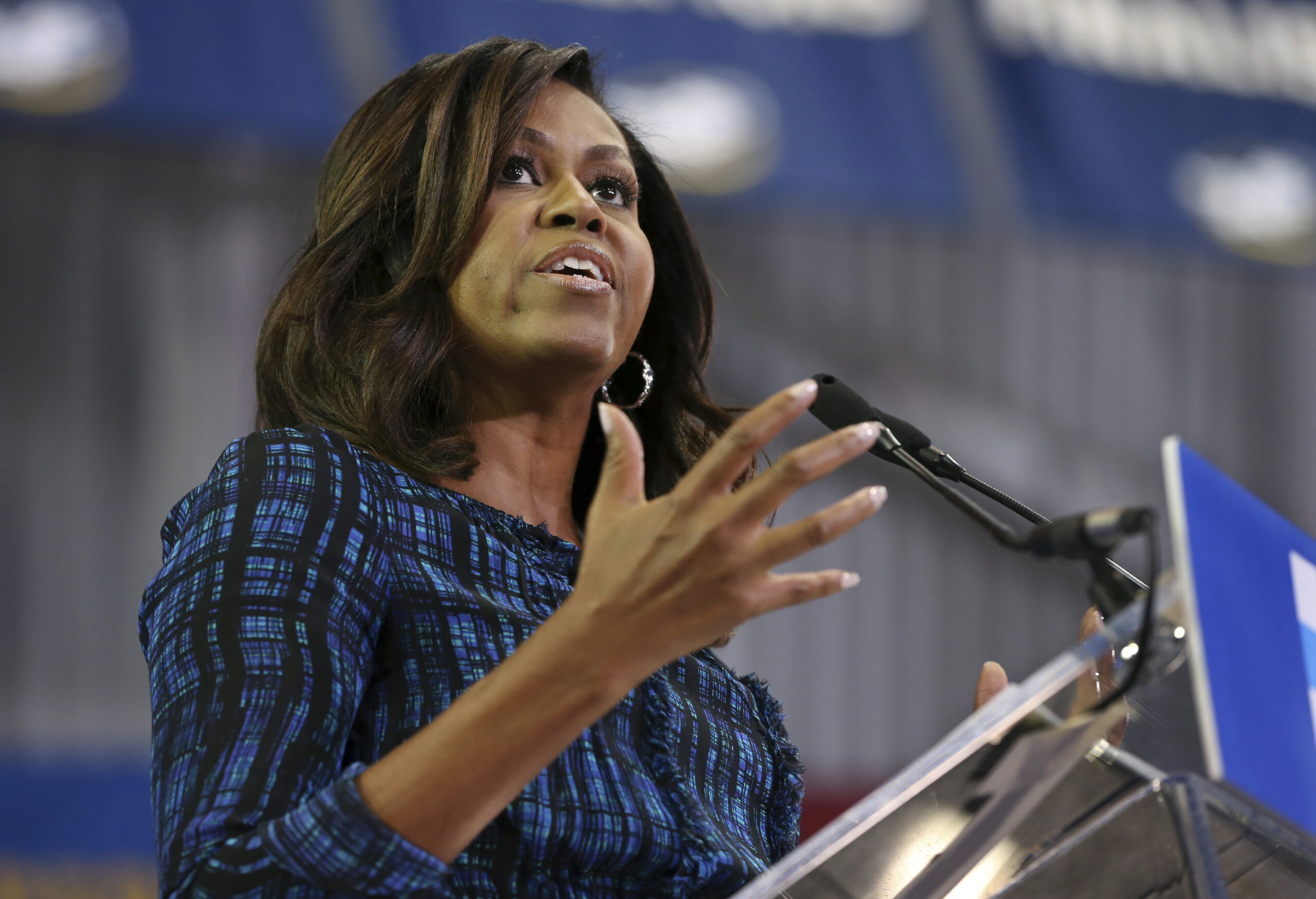 FILE - In this Sept. 28, 2016 file photo, first lady Michelle Obama speaks at LaSalle University in Philadelphia as she campaigns for presidential candidate Hillary Clinton. Obama will mark International Day of the Girl on Oct. 11 by Skyping with girls around the world about education challenges in their lives. (AP Photo/Mel Evans, File) (AP)