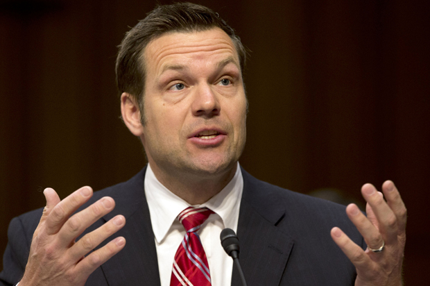 Kansas Secretary of State Kris Kobach testifies on Capitol Hill in Washington, Monday, April 22, 2013, before the Senate Judiciary Committee hearing on immigration reform.  (AP Photo/Jacquelyn Martin) (AP/Jacquelyn Martin)