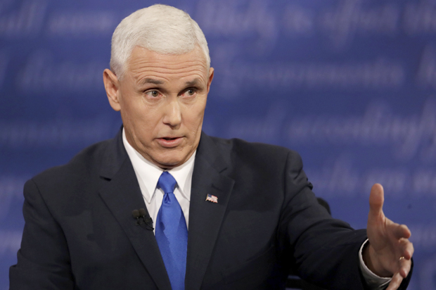 Mike Pence speaks at the vice-presidential debate in Farmville, Va., Oct. 4, 2016. (AP/Patrick Semansky)