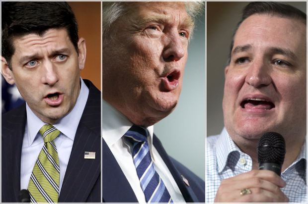 Paul Ryan; Donald Trump; Ted Cruz (Reuters/Gary Cameron/Getty/Brian Blanco/AP/J Pat Carter)