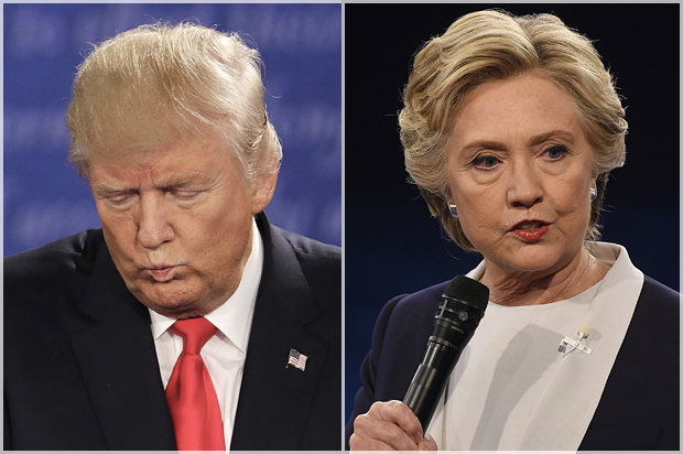 Donald Trump; Hillary Clinton at the presidential debate in St. Louis, Sunday, Oct. 9, 2016. (AP/Patrick Semansky)