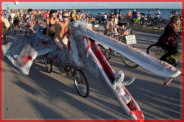 A zombie pelican bicycle is manoeuvred on South Roosevelt Boulevard during the Zombie Bike Ride as part of annual Fantasy Fest costuming and masking festival in Key West, Florida, U.S. October 23, 2016. Picture taken October 23, 2016.     Rob O'Neal/Florida Keys News Bureau/Handout via REUTERS    ATTENTION EDITORS - THIS IMAGE WAS PROVIDED BY A THIRD PARTY. EDITORIAL USE ONLY. THIS PICTURE WAS PROCESSED BY REUTERS TO ENHANCE QUALITY. AN UNPROCESSED VERSION HAS BEEN PROVIDED SEPARATELY.    TPX IMAGES OF THE DAY      - RTX2Q8WL (Reuters)