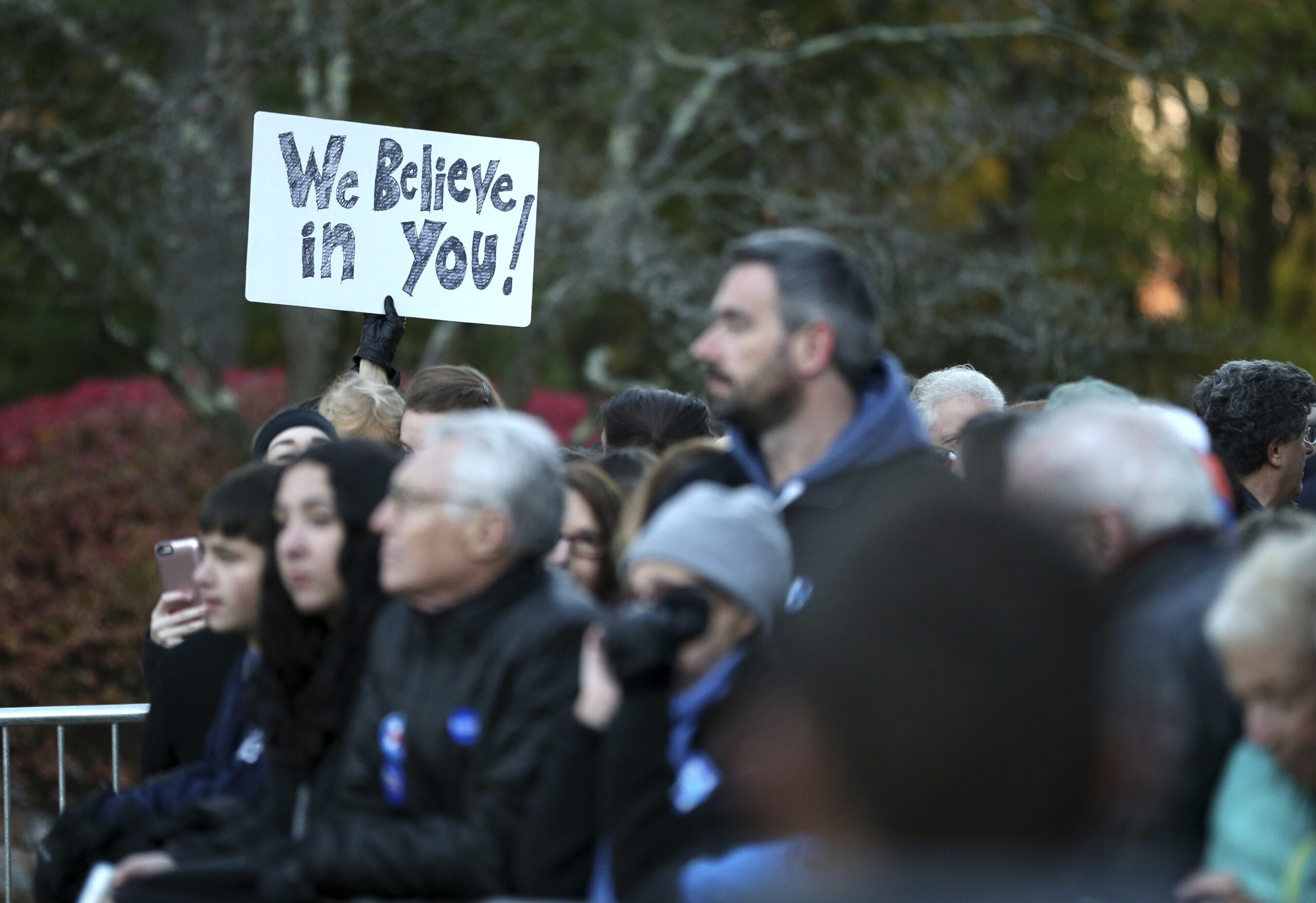 Supporters wait to greet Democratic presidential candidate Hillary Clinton at her polling place in Chappaqua, N.Y., Tuesday, Nov. 8, 2016. (AP Photo/Seth Wenig) (AP)