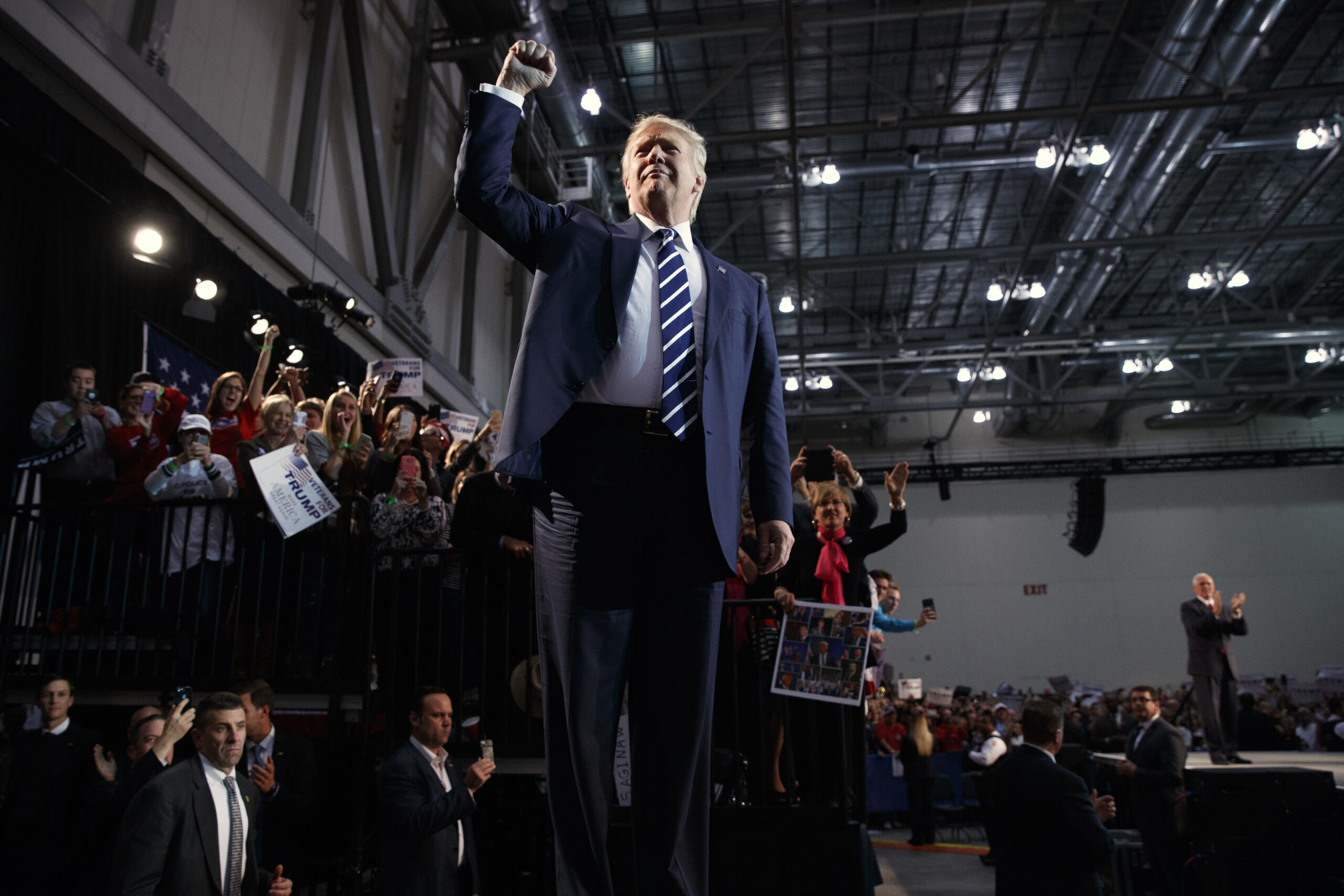 FILE - In this Tuesday, Nov. 8, 2016, file photo, Republican presidential candidate Donald Trump pumps his fist as he arrives to speak at a campaign rally in Grand Rapids, Mich. (AP)