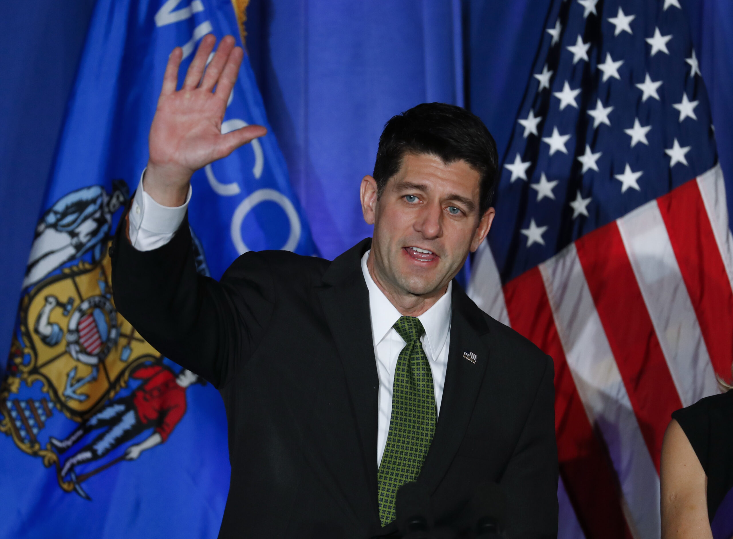 House Speaker Paul Ryan of Wis. waves to supporters at a campaign rally in Janesville, Wis., Tuesday, Nov. 8, 2016. (AP)