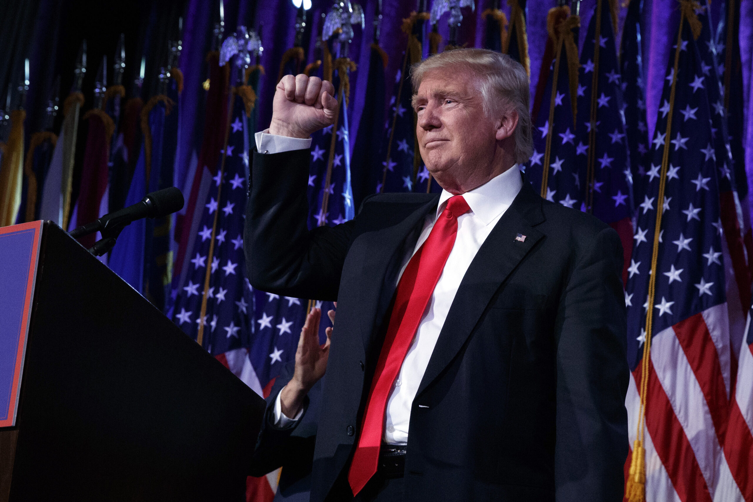 President-elect Donald Trump pumps his fist during an election night rally, Wednesday, Nov. 9, 2016, in New York. (AP)
