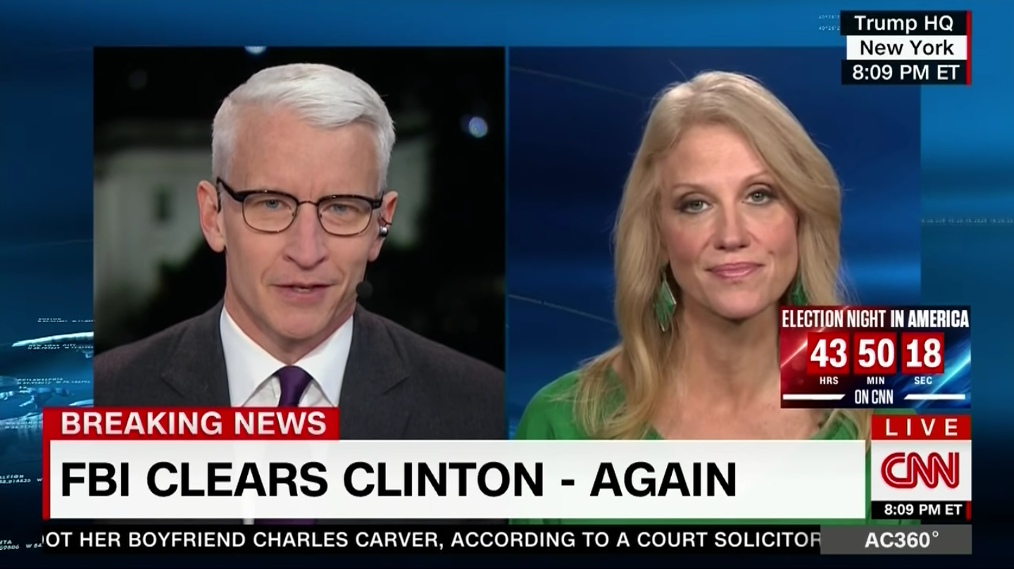 Anderson Cooper interviews Trump campaign manager Kellyanne Conway on CNN, November 6, 2016 (CNN)