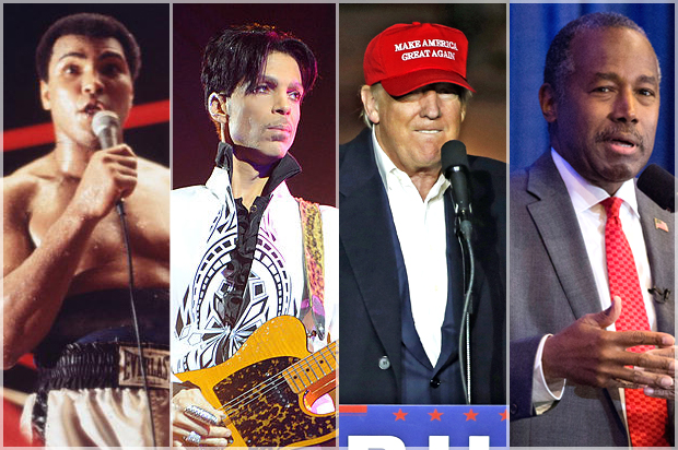 Muhammad Ali; Prince; Donald Trump; Ben Carson (Getty/Keystone/Bertrand Guay/APGene J. Puskar/Getty/Dominick Reuter)