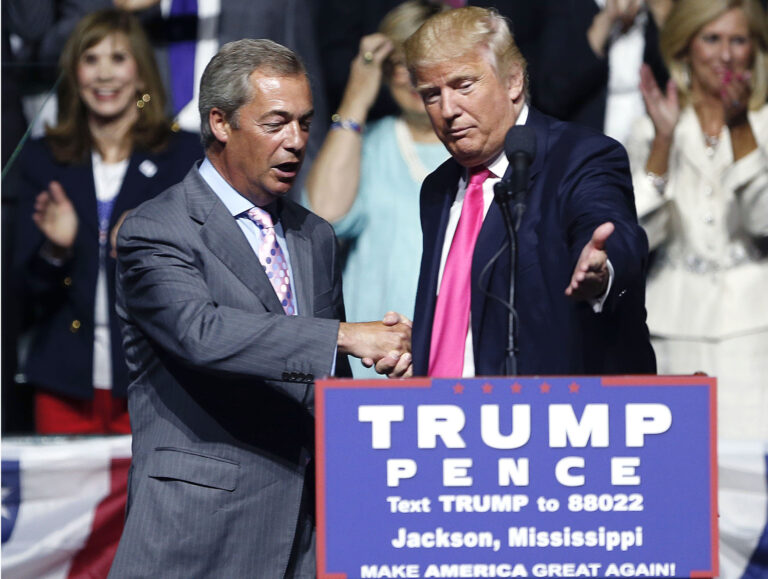 FILE - In this Wednesday, Aug. 24, 2016, file photo, then-Republican presidential candidate Donald Trump, right, welcomes pro-Brexit British politician Nigel Farage. (AP)