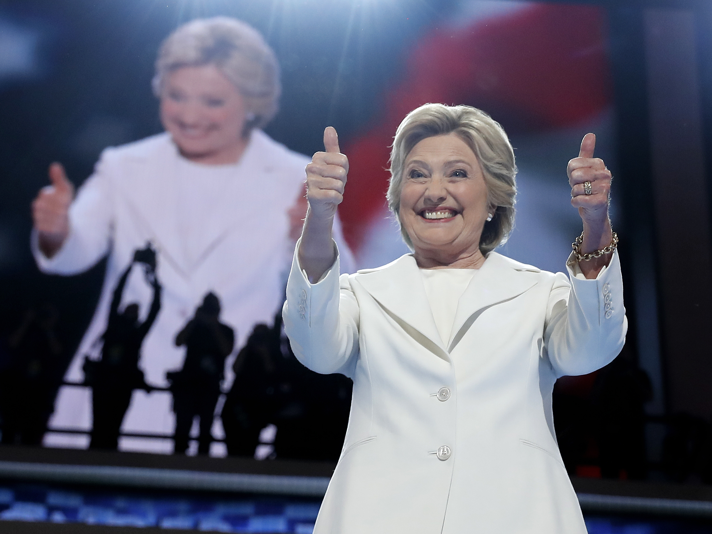 FILE - In this July 28, 2016, file photo, Democratic presidential candidate Hillary Clinton gives her thumbs up as she appears on stage during the final day of the Democratic National Convention in Philadelphia. Every presidential race has its big moments. This one, more than most. (AP Photo/Carolyn Kaster, file) (AP)