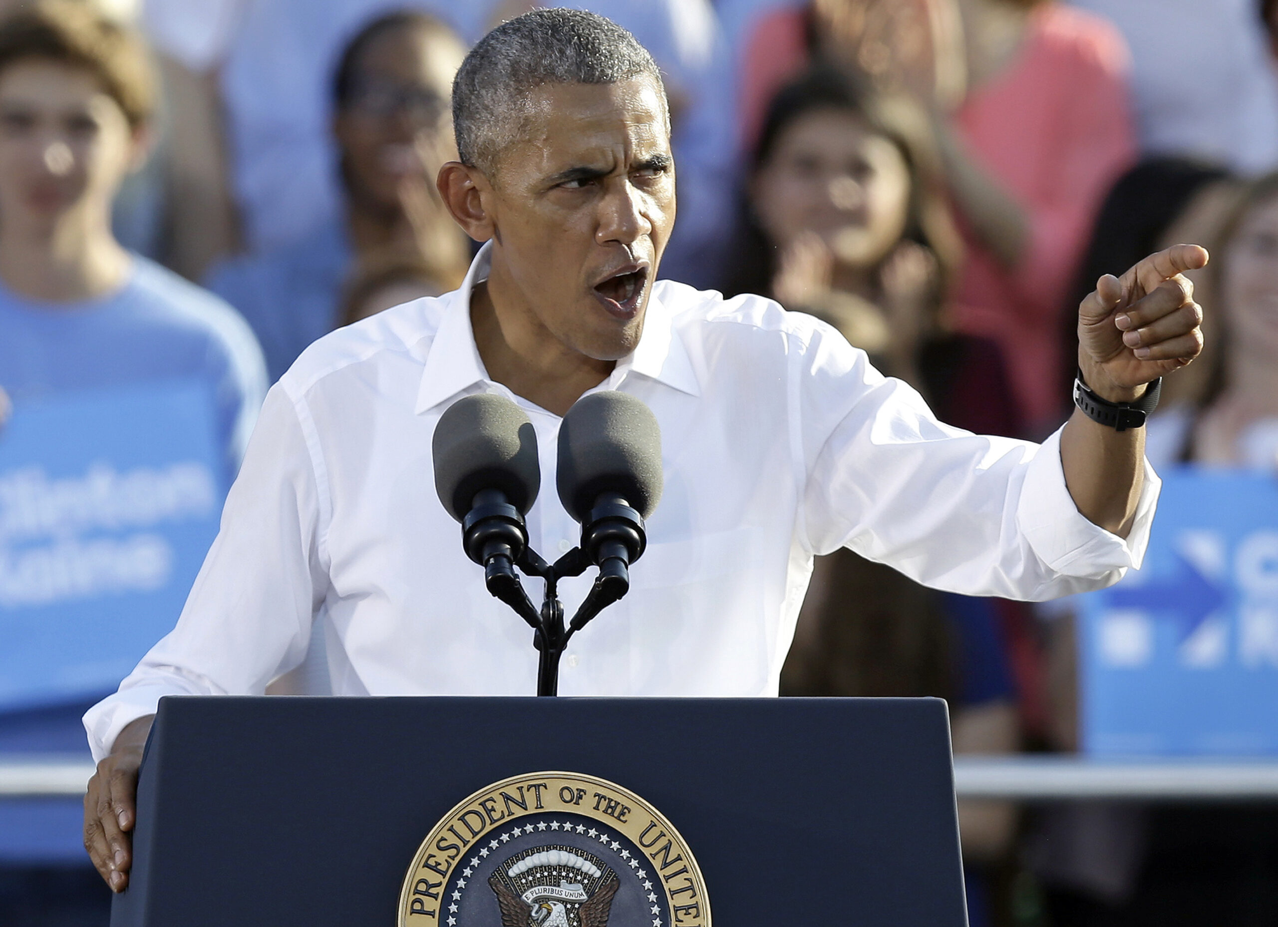 President Barack Obama speaks to supporters while campaigning for Democratic presidential candidate Hillary Clinton in Chapel Hill, N.C., Wednesday, Nov. 2, 2016. (AP Photo/Gerry Broome) (AP)