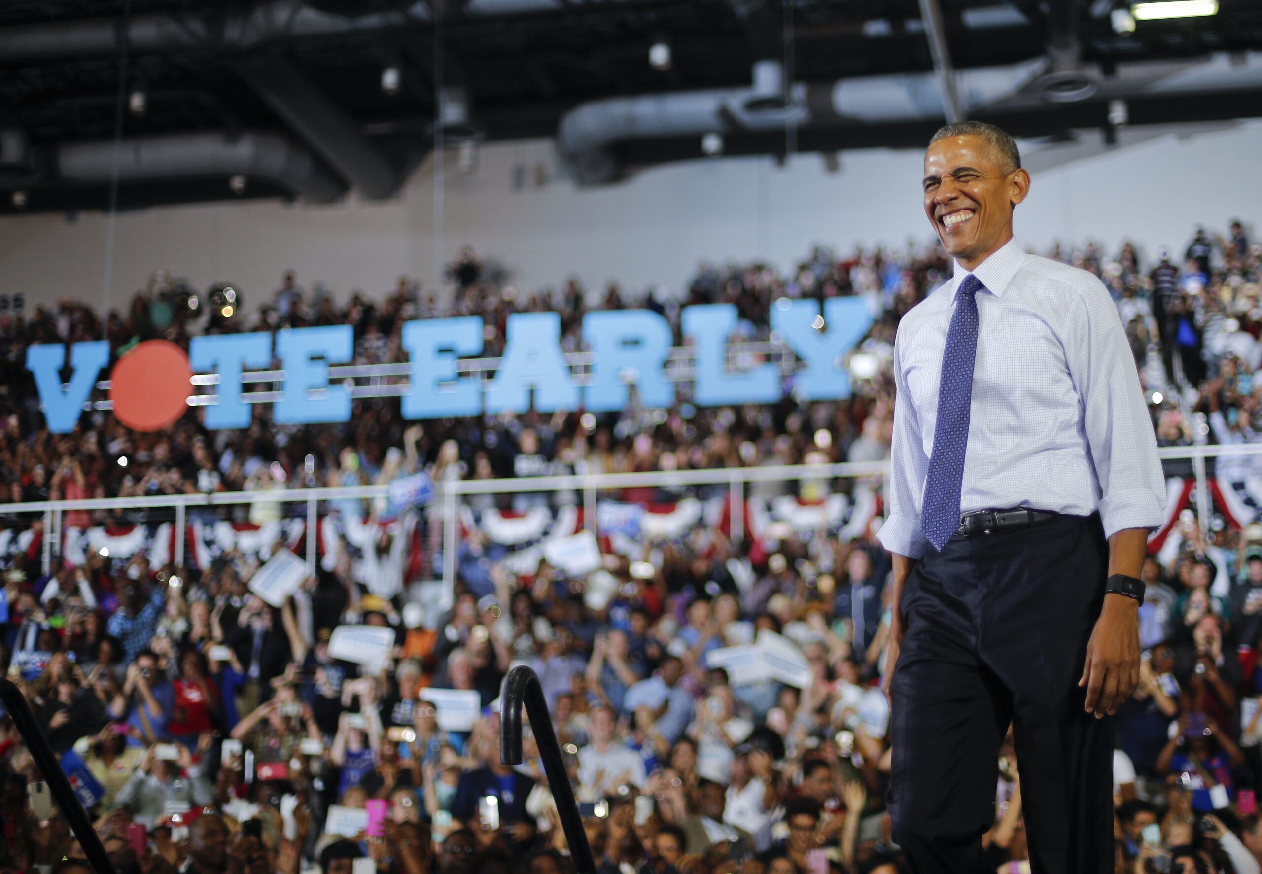 President Barack Obama smiles as he arrives to speak at a campaign rally for Democratic presidential candidate Hillary Clinton, Thursday, Nov. 3, 2016, at the University of North Florida in Jacksonville, Fla. (AP)