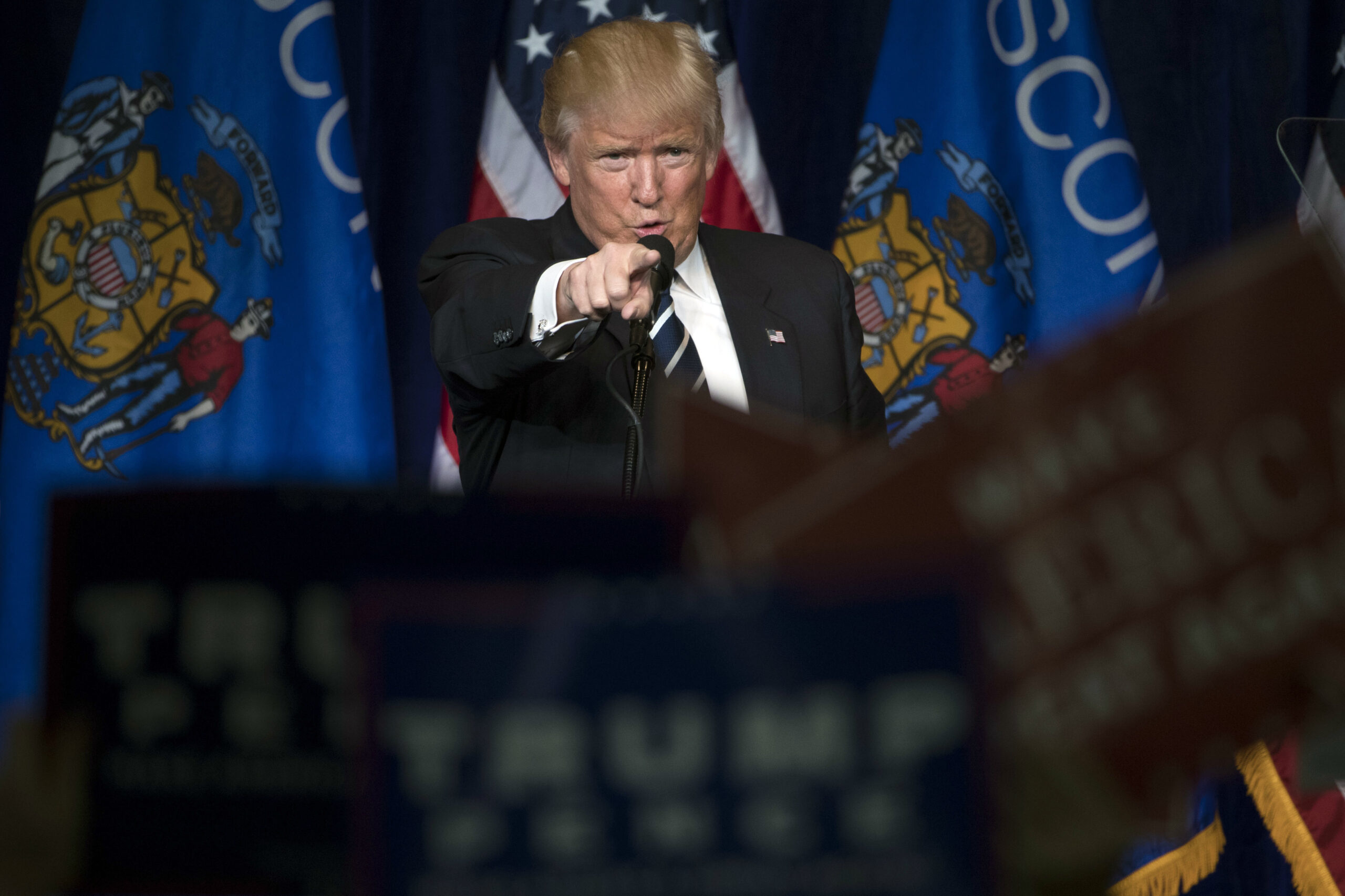 Republican presidential candidate Donald Trump gestures during a campaign rally at the University of Wisconsin Eau Claire, Tuesday, Nov. 1, 2016, in Eau Claire, Wis.(AP Photo/Matt Rourke) (AP)