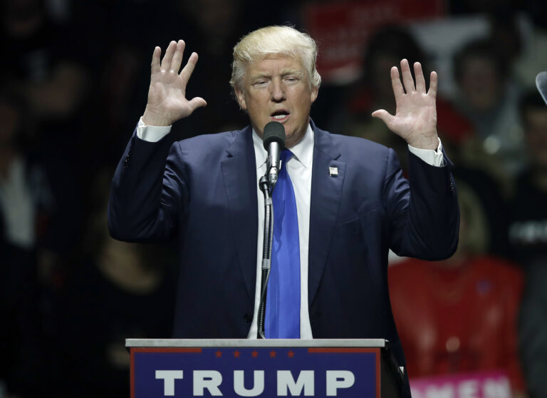 Republican presidential candidate Donald Trump speaks to a campaign rally, Monday, Nov. 7, 2016, in Manchester, N.H. (AP Photo/Charles Krupa) (AP)