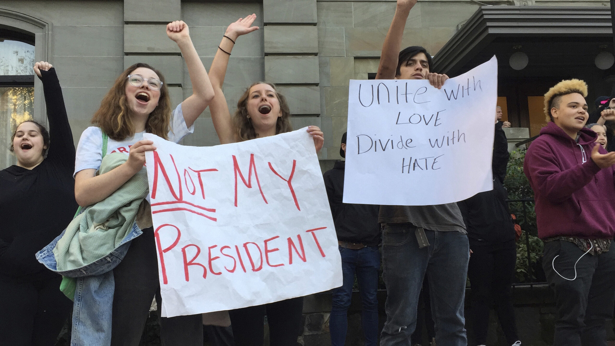 Several dozen students from various high schools in the Portland, Ore., metropolitan area gather downtown to protest Republican nominee Donald Trump's victory in Tuesday’s presidential election, Wednesday, Nov. 9, 2016. The protests were peaceful and students said that they felt compelled to demonstrate against Trump because they were not old enough to vote. (AP Photo/Gillian Flaccus) (AP)