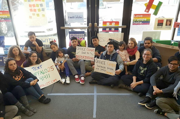 Migrant justice activists known as the #Buffalo25 occupy the Hillary Clinton campaign office in Pittsburgh, Pennsylvania, November 4, 2016. (Movimiento Cosecha/Maria Cabello)