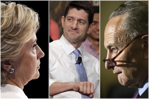 Hillary Clinton; Paul Ryan; Chuck Schumer (Getty/Joe Raedle/Reuters/Yuri Gripas/AP/J. Scott Applewhite)