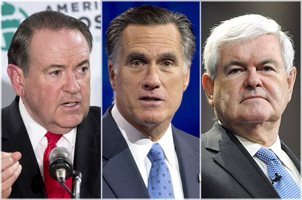 Mike Huckabee; Mitt Romney; Newt Gingrich (AP/Reuters/Lucas Jackson/Manuel Balce Ceneta/Tami Chappell)