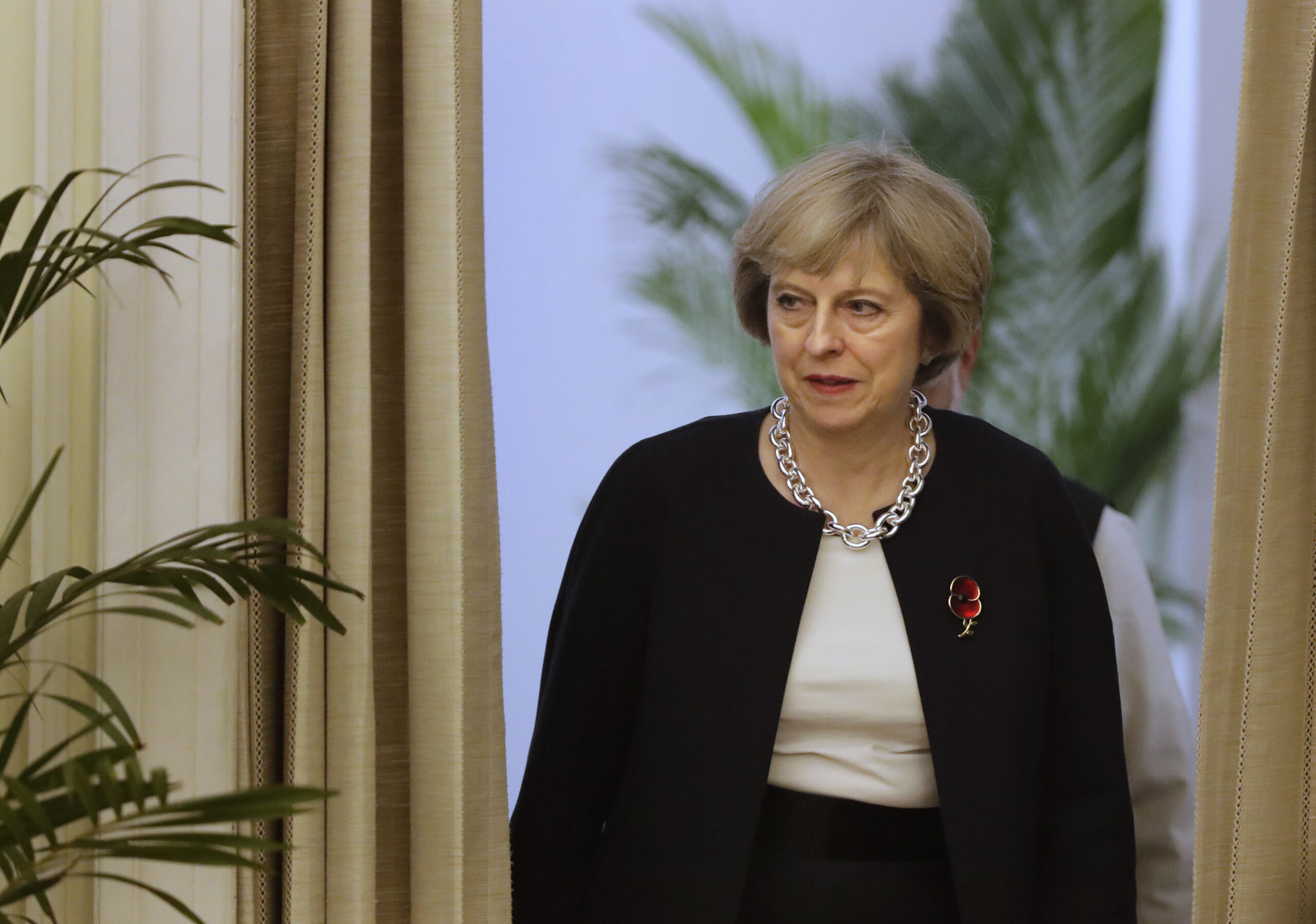 British Prime Minister Theresa May arrives to make a press statement after a meeting with with her Indian counterpart Narendra Modi in New Delhi, India, Monday, Nov. 7, 2016. May and Modi held wide-ranging talks Monday aimed at deepening ties between their countries and boosting trade and investment as the U.K. gets set to leave the European Union. (AP Photo/Manish Swarup) (AP)