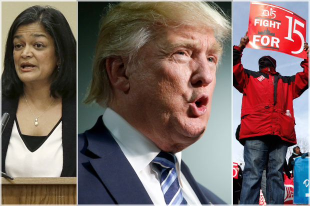 Pramila Jayapal; Donald Trump; Minimum Wage Protester (AP/Ted S. Warren/Getty Brian Blanco/AP/Paul Sancya)