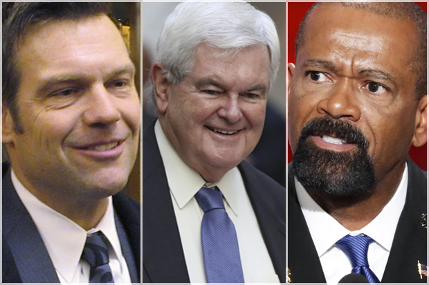 Kris Kobach; Newt Gingrich; David Clarke (AP/John Hanna/Manuel Balce Ceneta/J. Scott Applewhite)