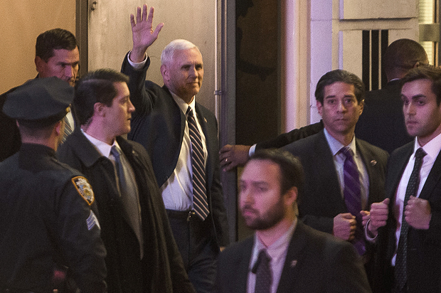Mike Pence leaves the Richard Rodgers Theatre after a performance of "Hamilton," in New York, Nov. 18, 2016. (AP/Andres Kudacki)