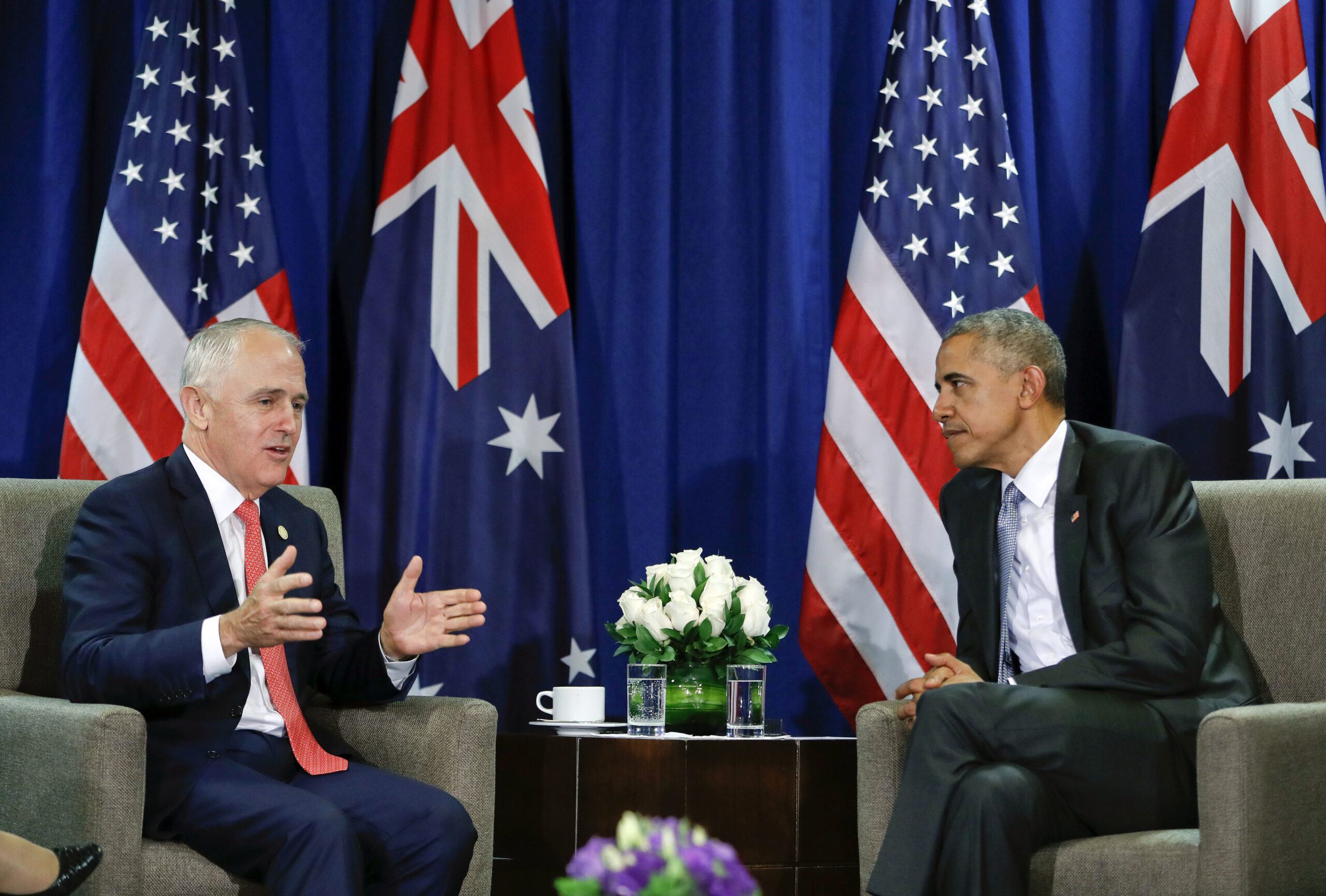 U.S. President Barack Obama, right, listens to Australia's Prime Minister Malcolm Turnbull during their meeting at the Asia-Pacific Economic Cooperation (APEC), in Lima, Peru. (AP)