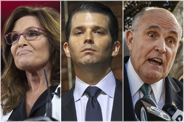 Sarah Palin; Donald Trump, Jr.; Rudy Giuliani (Jeff Malet, maletphoto.com/AP/Cheryl Senter/Damian Dovarganes)