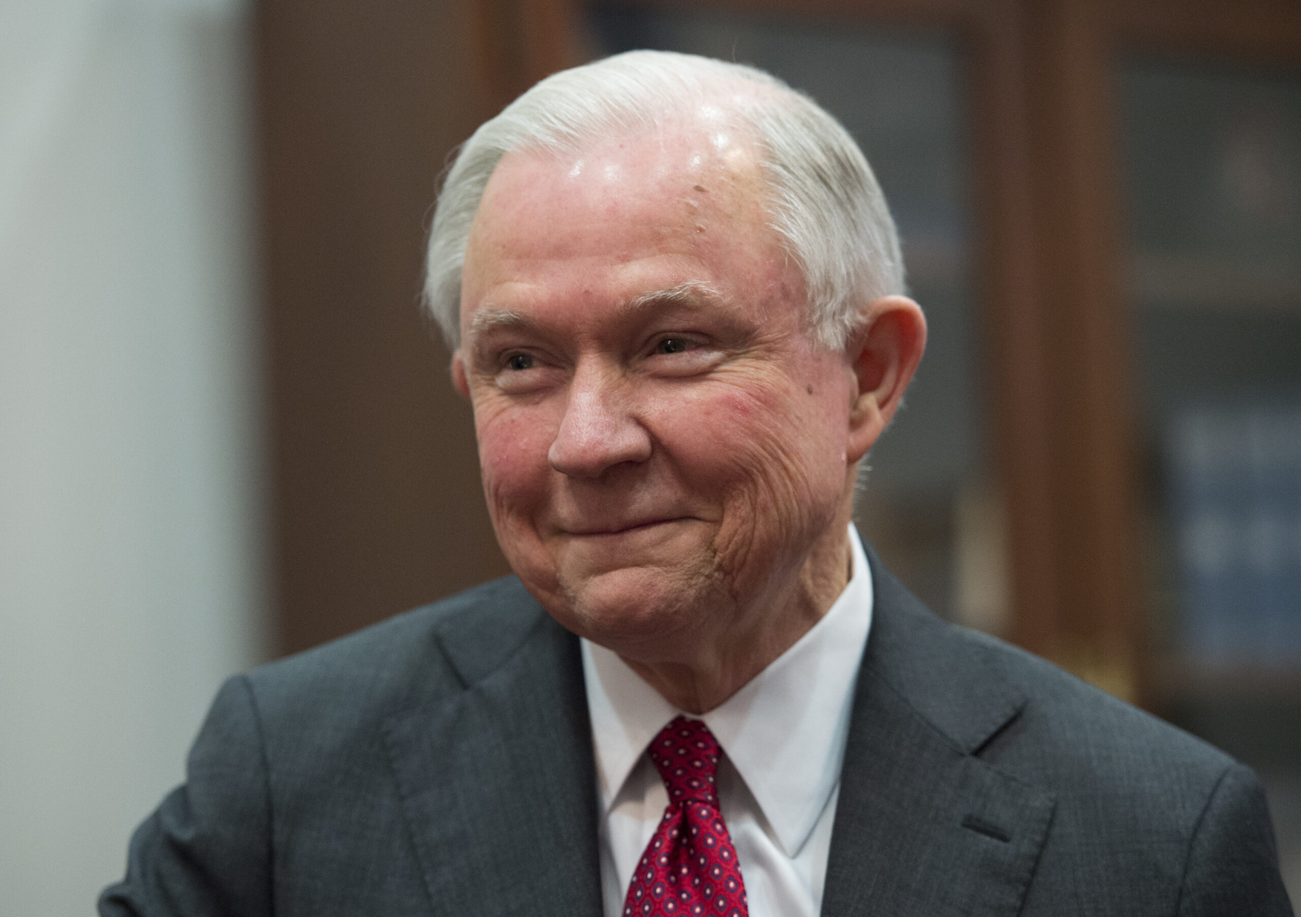 Attorney General nominee Sen. Jeff Sessions, R-Ala., smiles while greeting the press with Sen. Charles Grassley, R-Iowa, Chairman of the Senate Judiciary Committee, on Capitol Hill Tuesday, Nov. 29, 2016 in Washington. (AP Photo/Molly Riley) (AP)