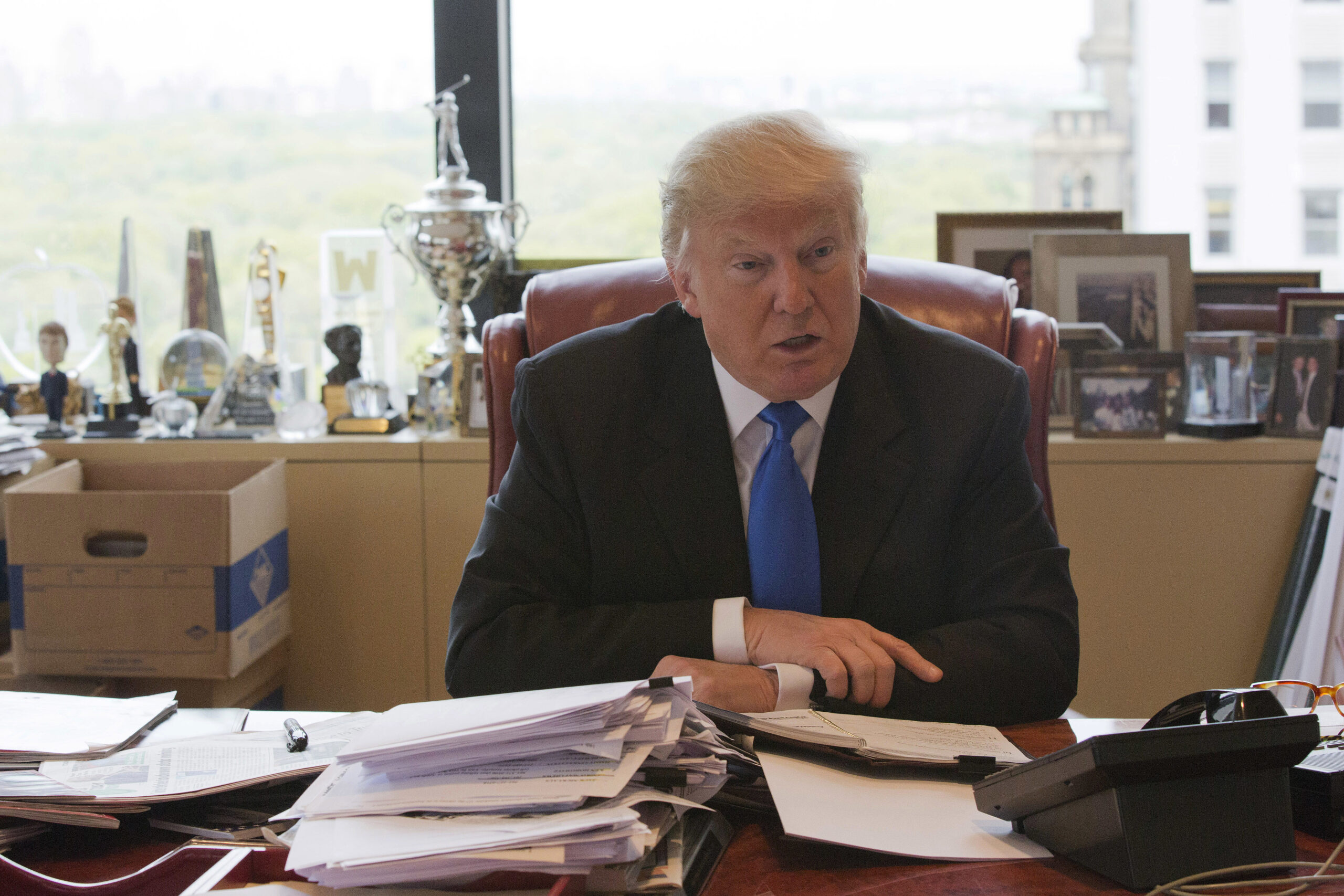FILE - In this May 10, 2016 file photo, Republican presidential candidate Donald Trump speaks during an interview with The Associated Press in his office at Trump Tower in New York. (AP)