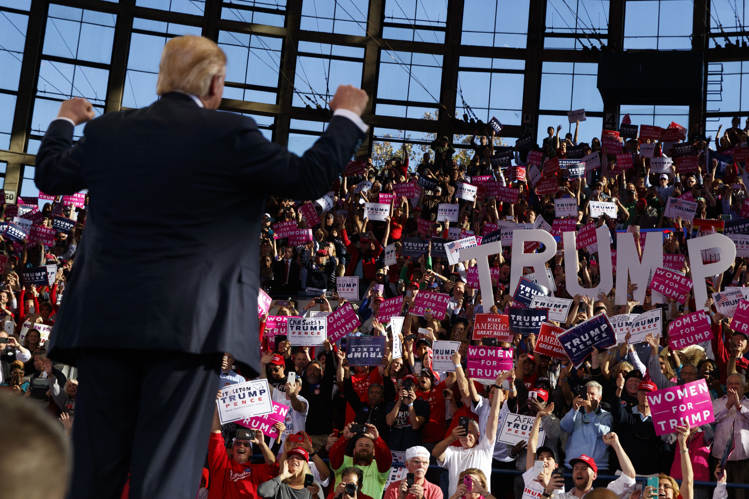 In this Nov. 7, 2016 file photo, then-Republican presidential candidate Donald Trump gestures as he arrives to speak to a campaign rally in Raleigh, N.C. (AP)