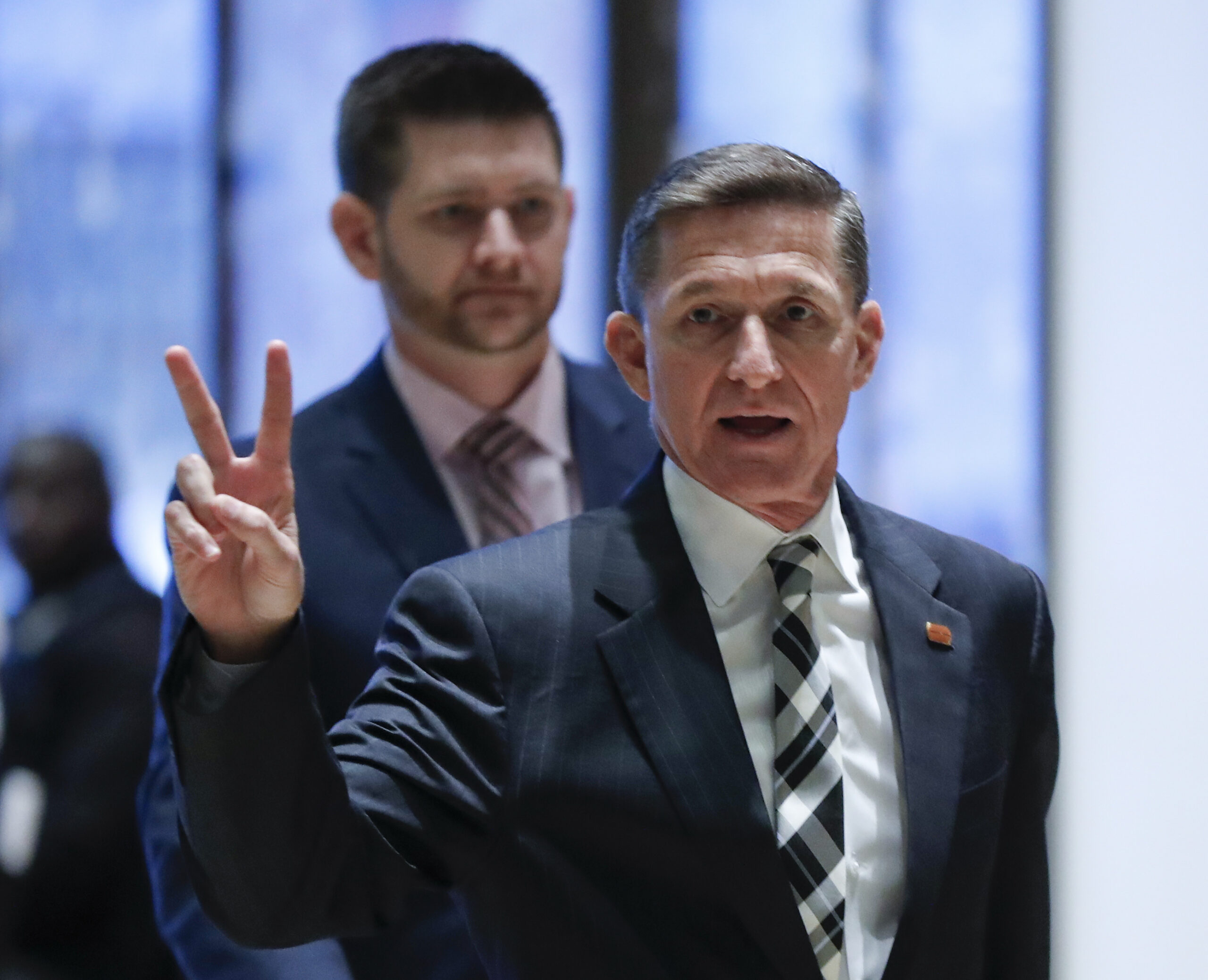 Retired Lt. Gen Michael Flynn gestures as he arrives at Trump Tower, Thursday, Nov. 17, 2016, in New York. (AP Photo/Carolyn Kaster) (AP)