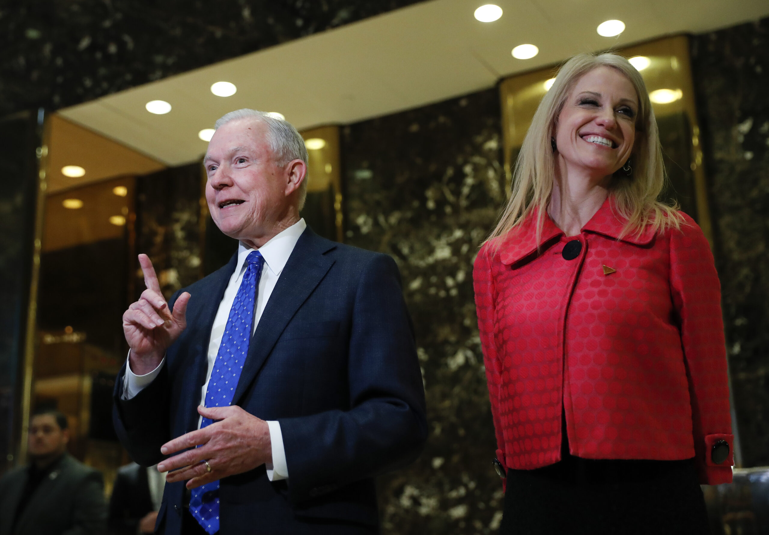 Sen. Jeff Sessions, R-Ala. and Kellyanne Conway, campaign manager for President-elect Donald Trump, speaks to reporters at Trump Tower in New York, Thursday, Nov. 17, 2016. (AP Photo/Carolyn Kaster) (AP Photo/Carolyn Kaster)