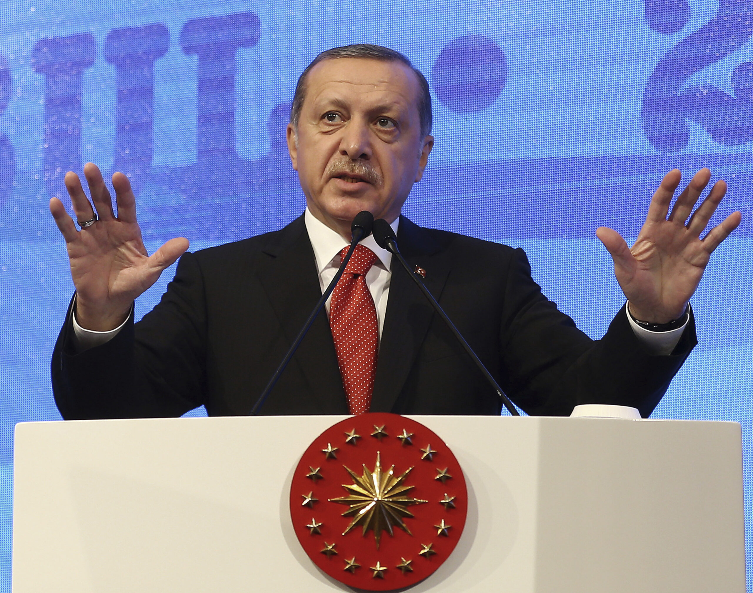 Turkey's President Recep Tayyip Erdogan addresses a NATO parliamentary assembly meeting in Istanbul, Monday, Nov. 21, 2016. Erdogan has called on the United States and other nations to re-assess his country's proposal for the creation of a no-fly zone in northern Syria. Addressing the NATO meeting, Erdogan again criticized allies' reliance on Syrian Kurdish fighters to battle the Islamic State group.(Kayhan Ozer, Presidential Press Service, Pool photo via AP) (AP)
