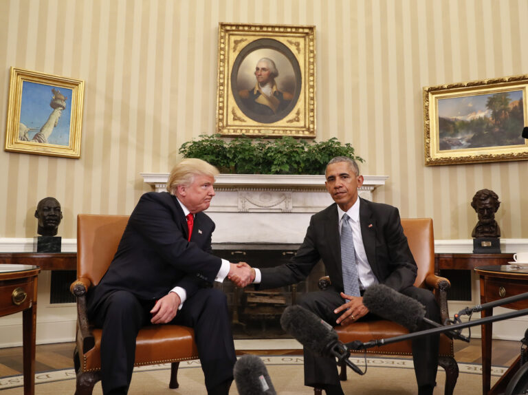 FILE - In this Thursday, Nov. 10, 2016 file photo, President Barack Obama and President-elect Donald Trump shake hands following their meeting in the Oval Office of the White House in Washington. (AP)