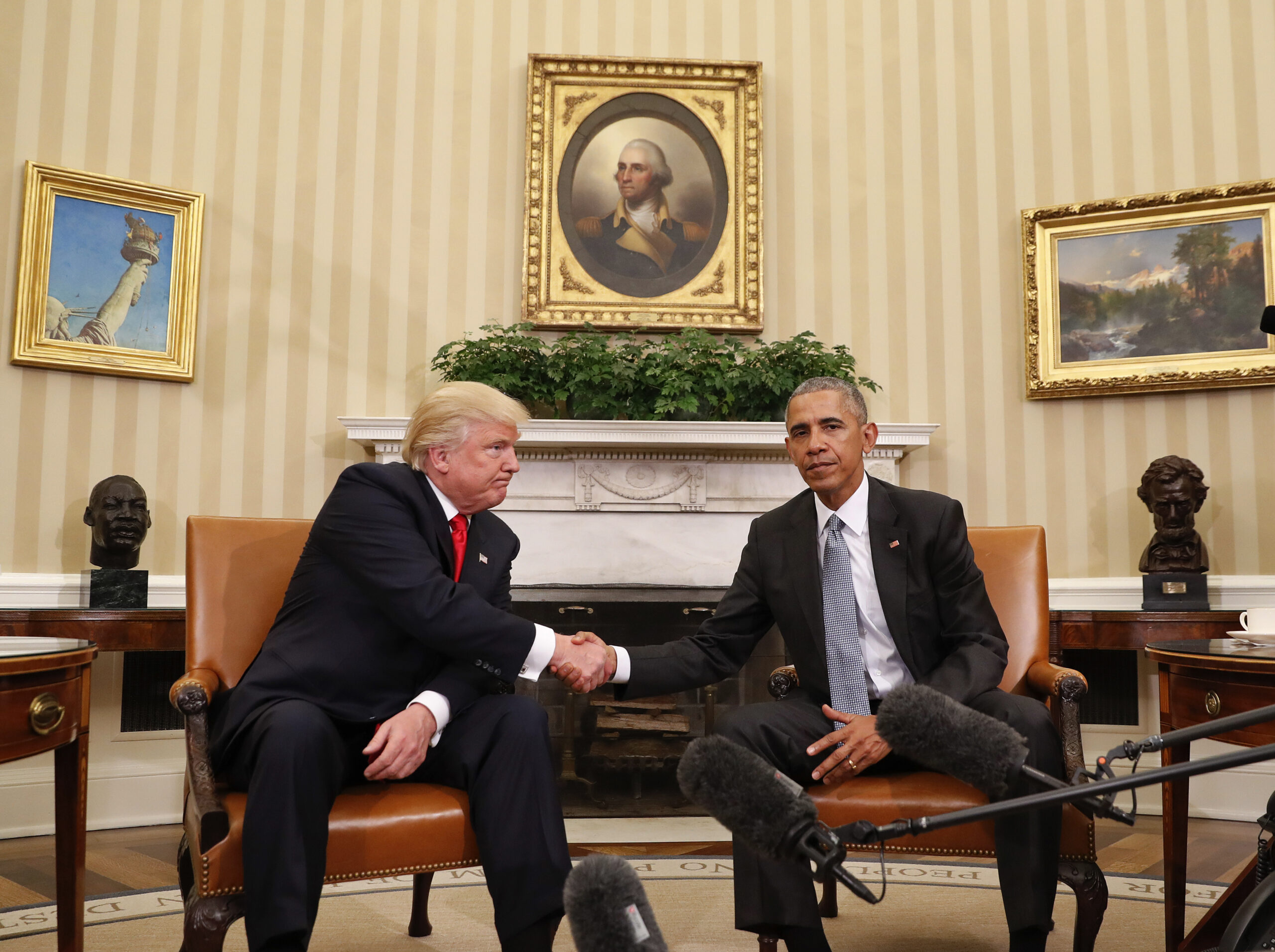 FILE - In this Thursday, Nov. 10, 2016 file photo, President Barack Obama and President-elect Donald Trump shake hands following their meeting in the Oval Office of the White House in Washington. (AP)