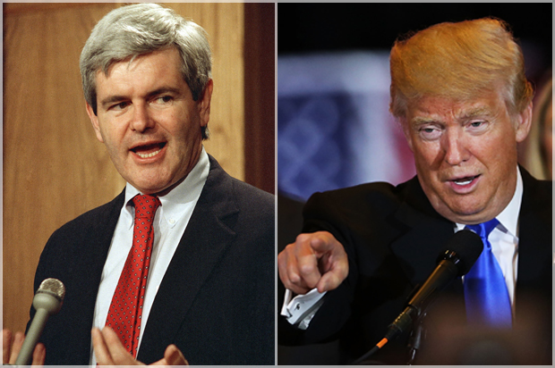 Newt Gingrich in 1989; Donald Trump (AP/Duricka Getty/Spencer Platt)