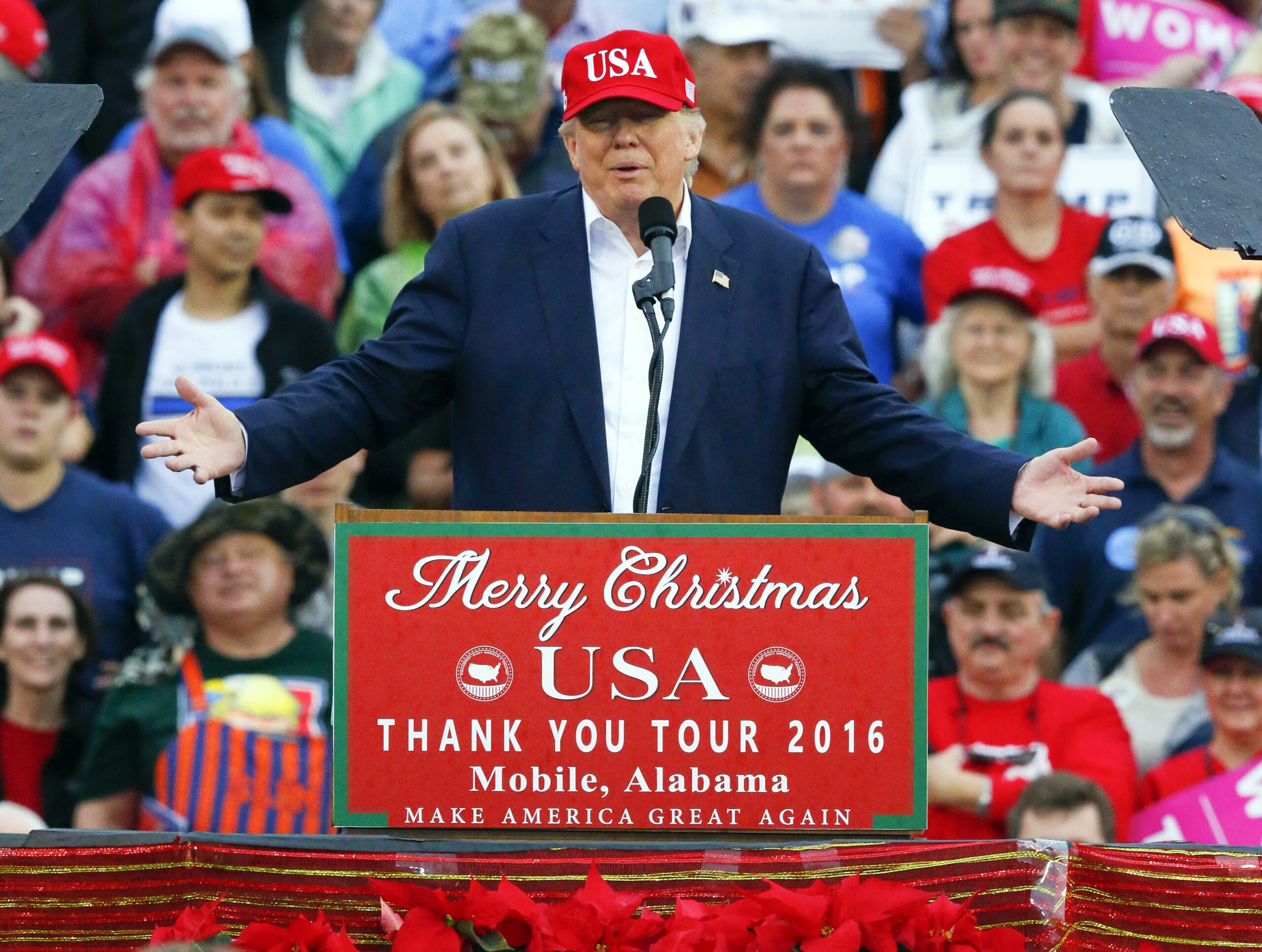 President-elect Donald Trump speaks during a rally at the Ladd–Peebles Stadium, Saturday, Dec. 17, 2016, in Mobile, Ala. (AP)