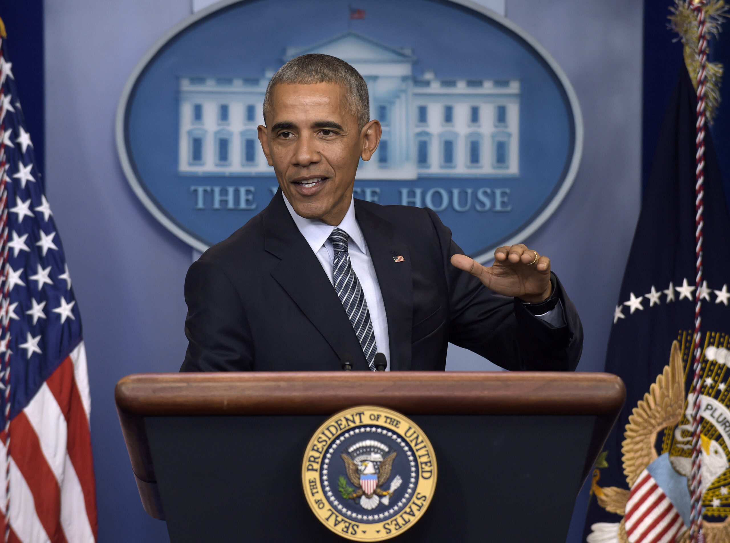 FILE - In this Nov. 14, 2016, file photo, President Barack Obama speaks during a news conference in the Brady press briefing room at the White House in Washington. The Reublican-led House is pushing ahead with a $611 billion defense policy bill that prohibits closing the prison at Guantanamo Bay, Cuba, forbids the Pentagon from trimming the number of military bases and awards U.S. troops their largest pay raise in six years. (AP Photo/Susan Walsh, File) (AP)