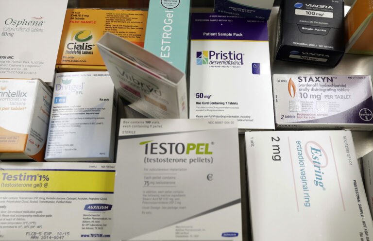 This Tuesday, Nov. 29, 2016 photo shows a display of prescription medicines for impotence and sexual problems at a doctor's office in San Diego. For many couples, doctors say soaring prices for the prescriptions have made sex unaffordable. (AP Photo/Gregory Bull) (AP)