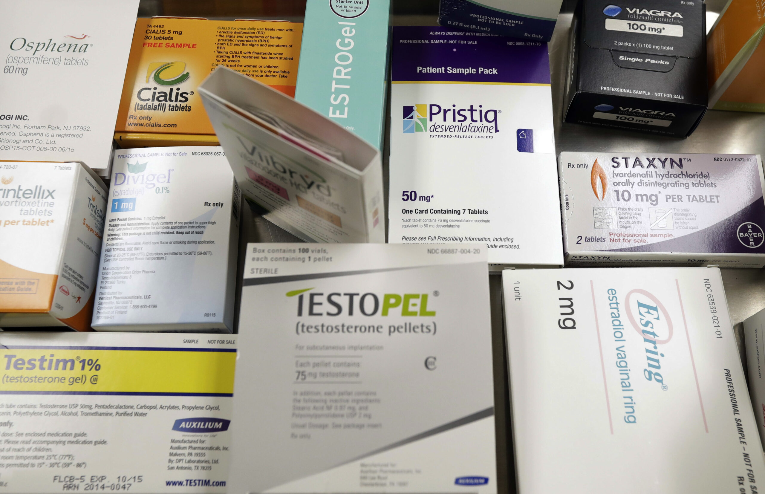 This Tuesday, Nov. 29, 2016 photo shows a display of prescription medicines for impotence and sexual problems at a doctor's office in San Diego. For many couples, doctors say soaring prices for the prescriptions have made sex unaffordable. (AP Photo/Gregory Bull) (AP)