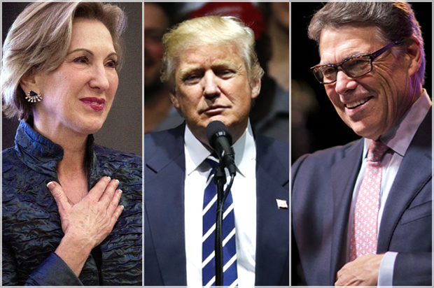 Carly Fiorina; Donald Trump; Rick Perry (AP/Cliff Owen/Paul Sancya/David Goldman)