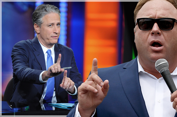 Jon Stewart; Alex Jones (Reuters/Lucas Jackson/Getty/Brad Barket/Photo montage by Salon)
