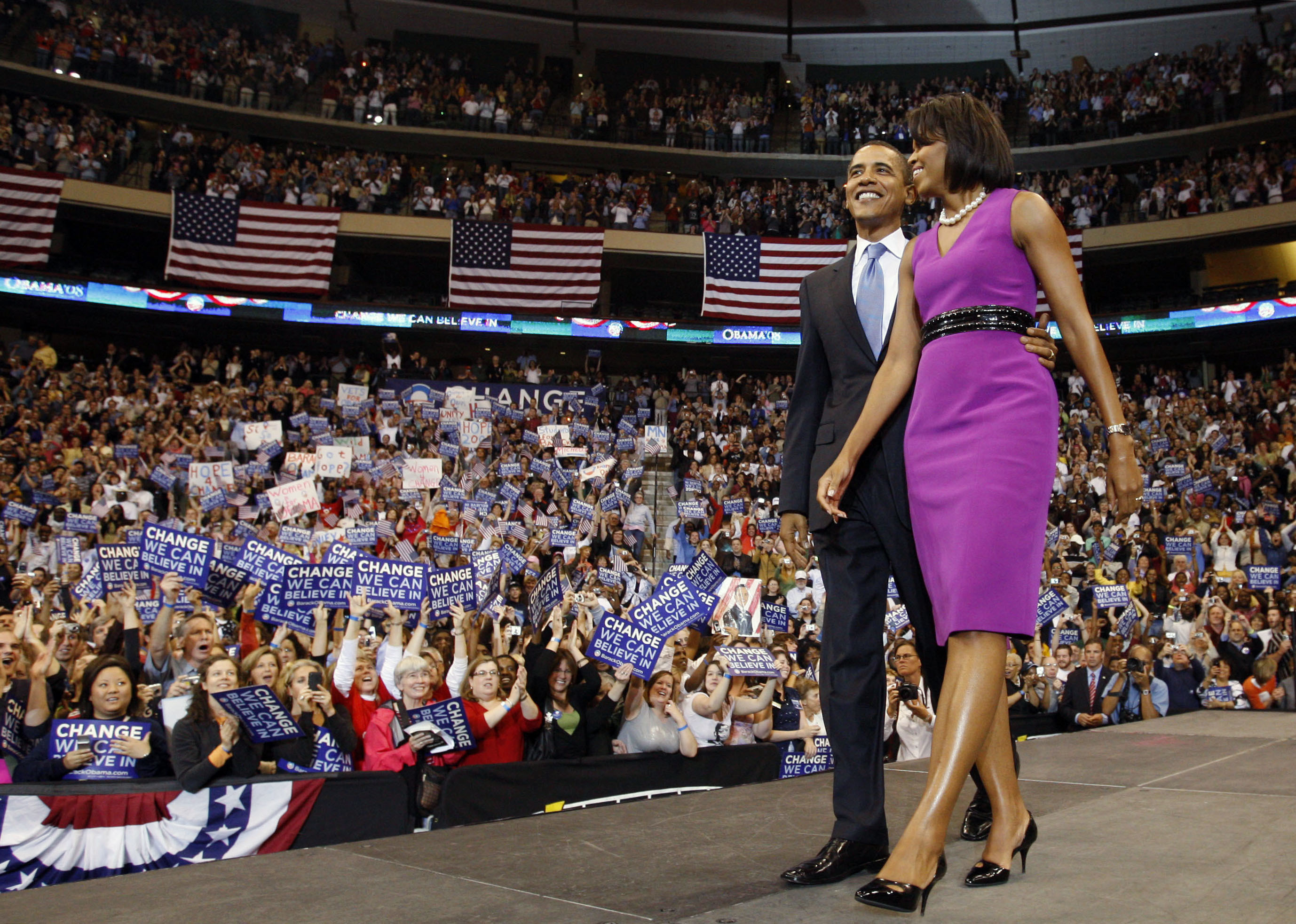 FILE - In this June 3, 2008 file photo, Democratic presidential hopeful, Sen. Barack Obama D-Ill. arrives for a election night rally with Michelle Obama in St Paul, Minn. (Associated Press)