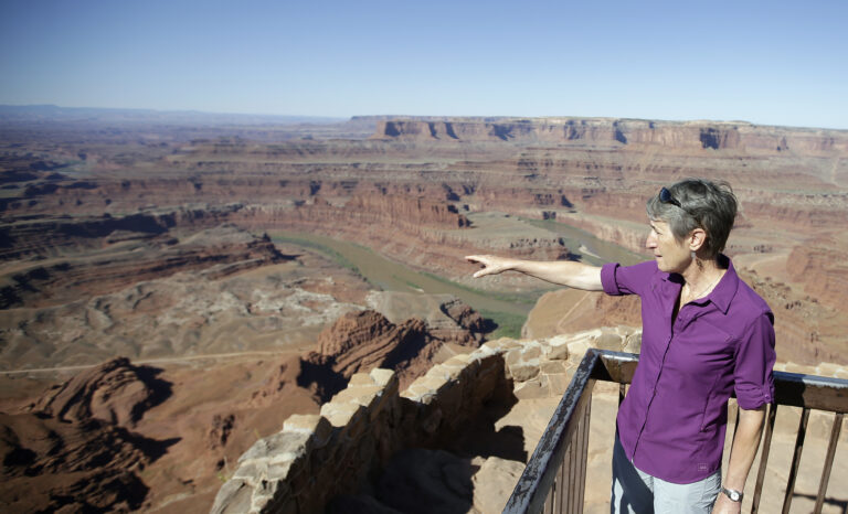 FILE - This July 14, 2016, file photo, U.S. Interior Secretary Sally Jewell looks from Dead Horse Point, near Moab, Utah, during a tour to meet with proponents and opponents to the "Bears Ears" monument proposal. President Barack Obama designated two national monuments Wednesday, Dec. 28, at sites in Utah and Nevada that have become key flashpoints over use of public land in the U.S. West. (AP Photo/Rick Bowmer, File) (AP)