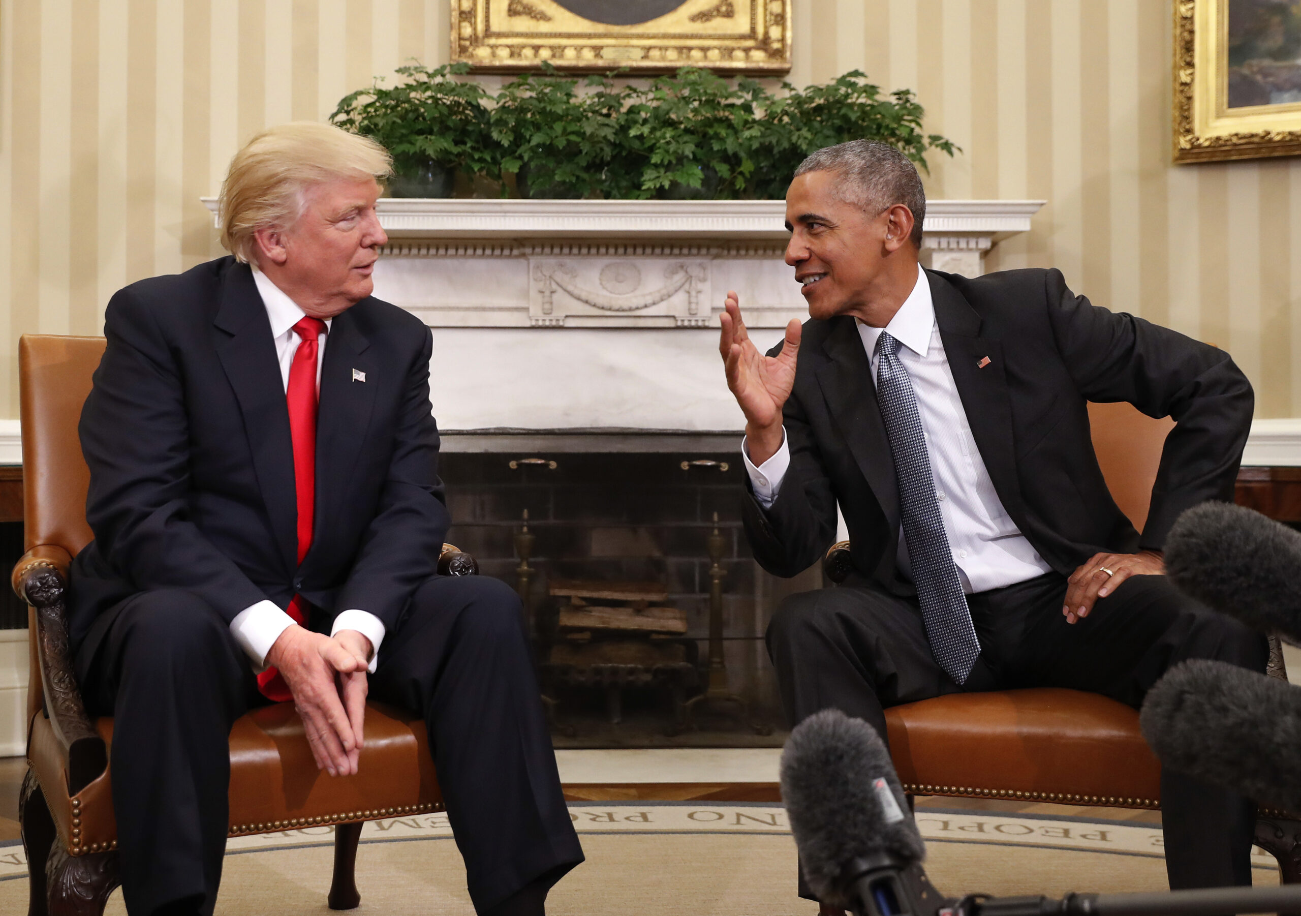 FILE - In this Nov. 10, 2016, file photo, President Barack Obama meets with President-elect Donald Trump in the Oval Office of the White House in Washington. (AP)