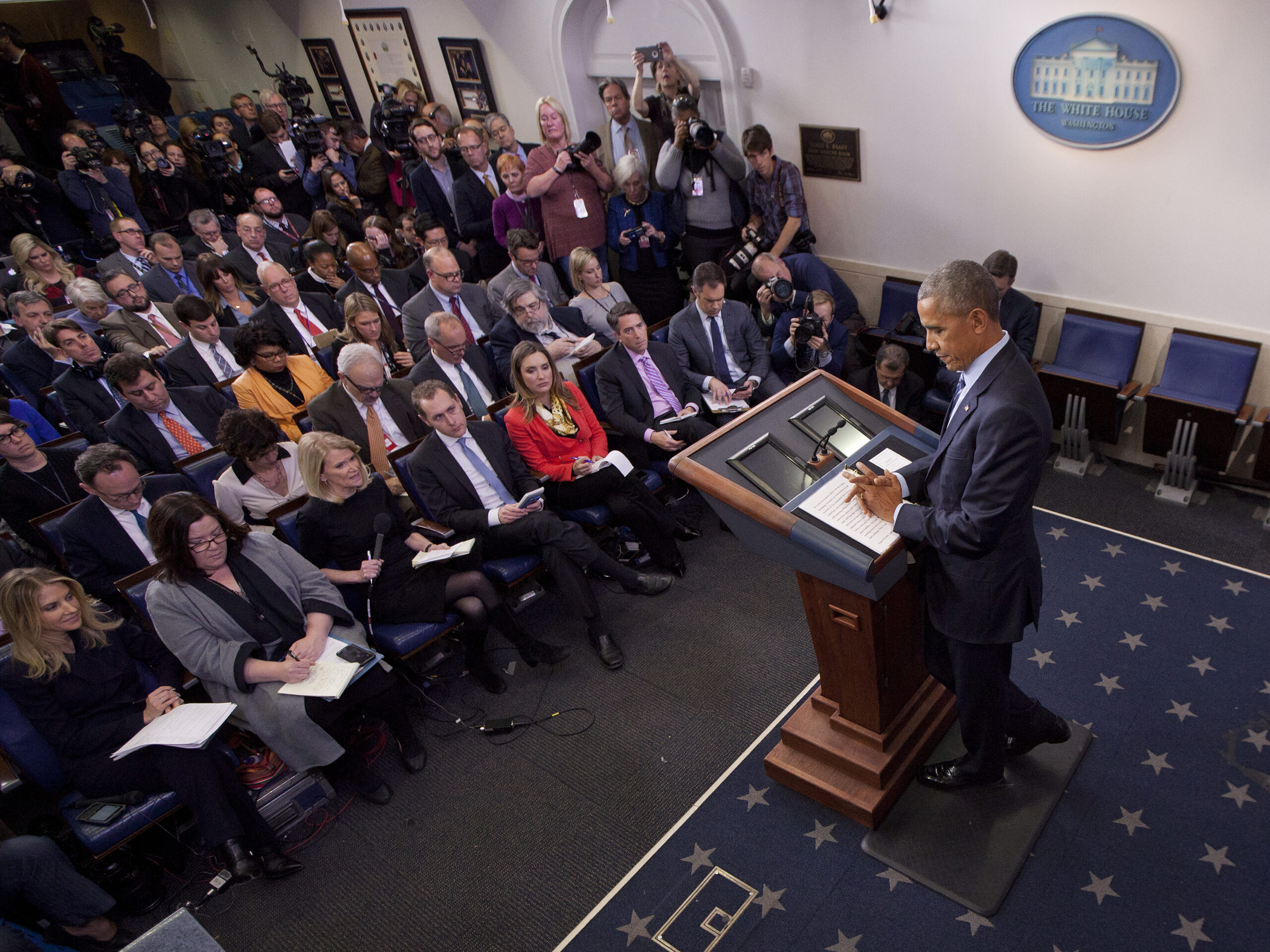 President Barack Obama pauses before speaking during news conference, Friday, Dec. 16, 2016, in the briefing room of the White House in Washington. (AP)